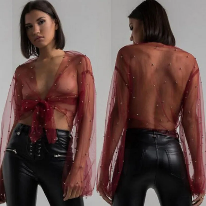 Женская прозрачная блузка с бусинами черная и красная ажурная сетчатая длинным