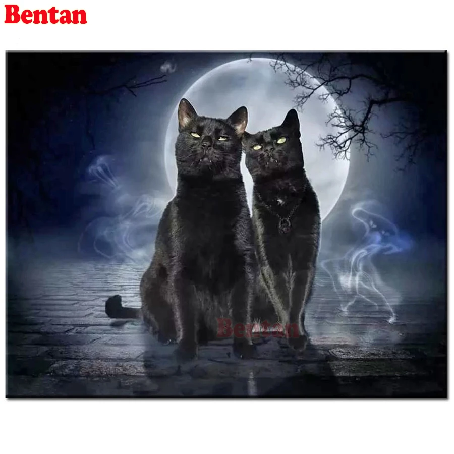 Алмазная вышивка сделай сам алмазная в стиле Хэллоуина черные кошки луна ночь