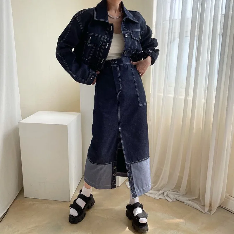 2022 Spring Autumn Retro Two-Piece Suit Single-Breasted Long-Sleeved Denim Jacket+High Waist Color Block Split Skirt for Women
