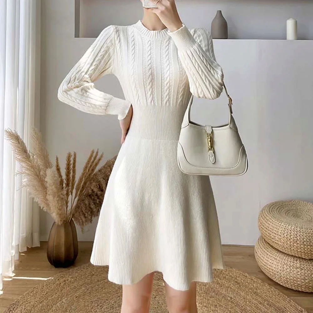 

Dress Women New 2021 Knitting Plain O-Neck Long Sleeve High Waist Autumn Winter Casual Simplicity Korean Fashion Ladies Clothing