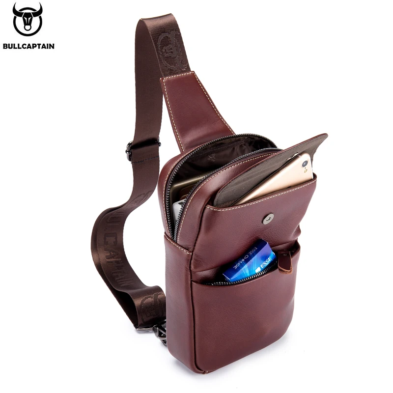 BULLCAPTAIN-Men's Chest Bag Head Layer Cowhide Casual Sports Personality Leather Multi-Function Shoulder Messenger Bag