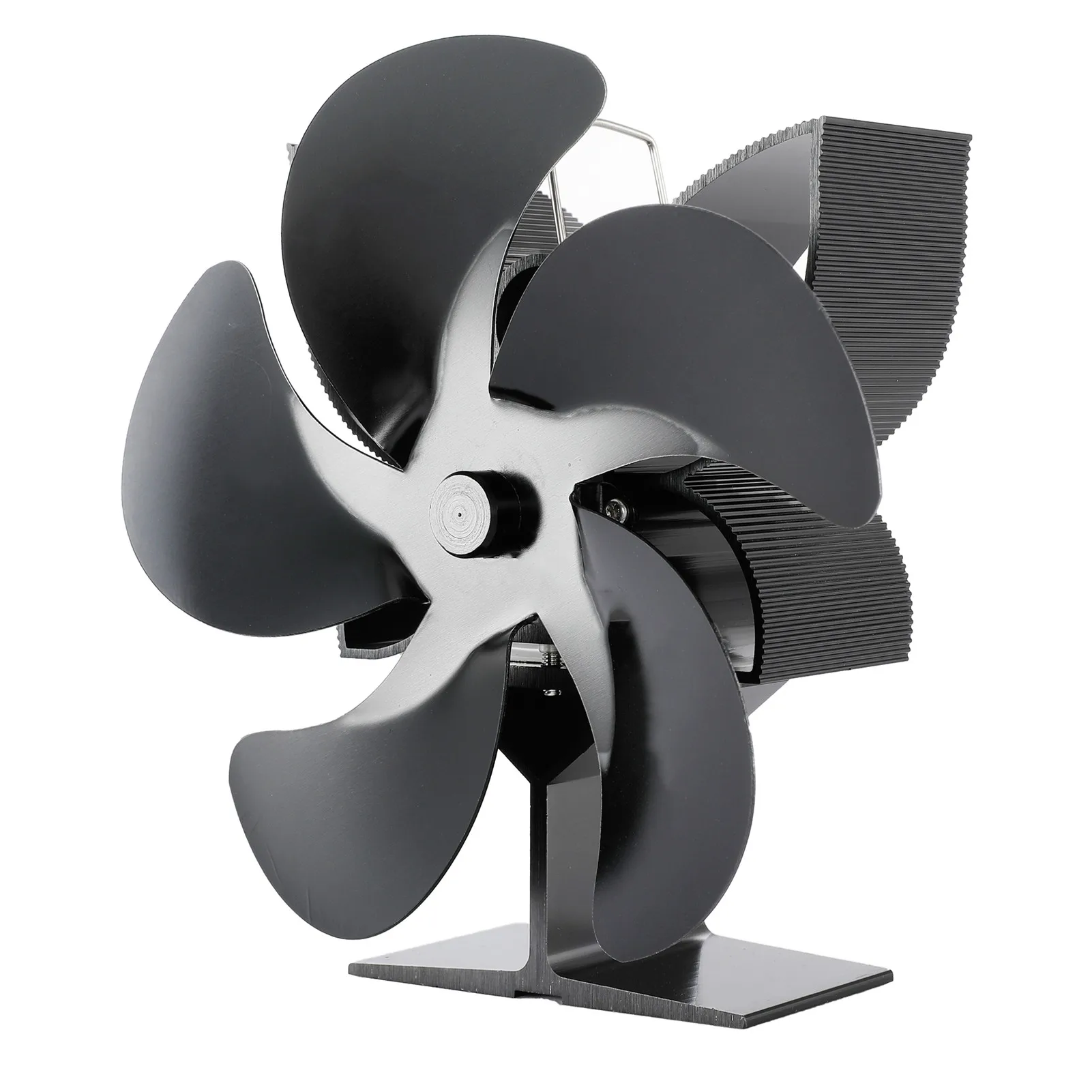 Ventilador de chimenea negro de 5 aspas, estufa alimentada por calor de aleación de aluminio, quemador de leña seguro para el hogar, eficiente distribución de calor