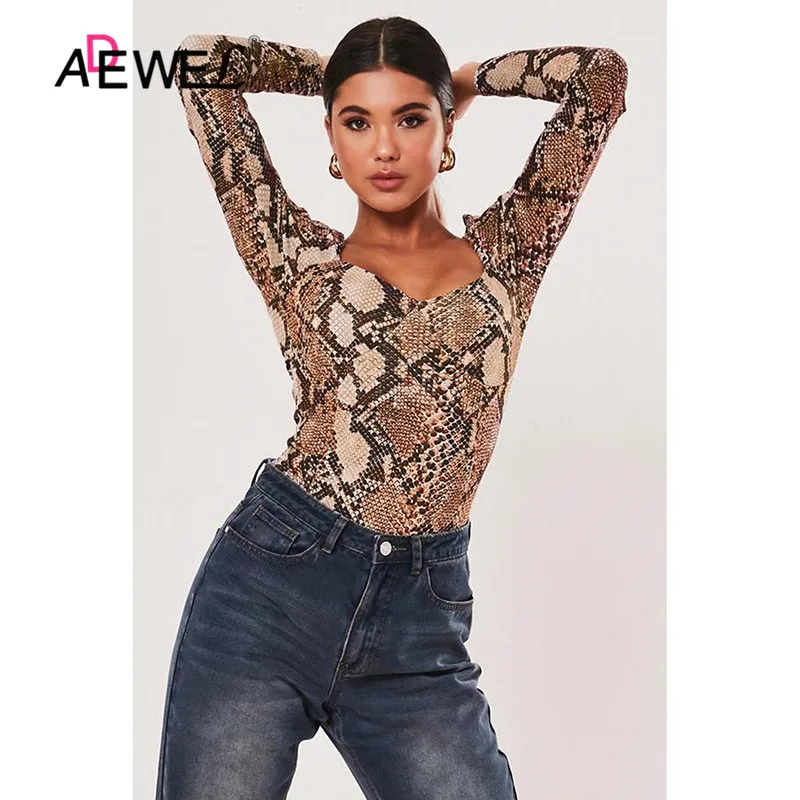 Женский комбинезон с длинным рукавом ADEWEL коричневый со змеиным принтом