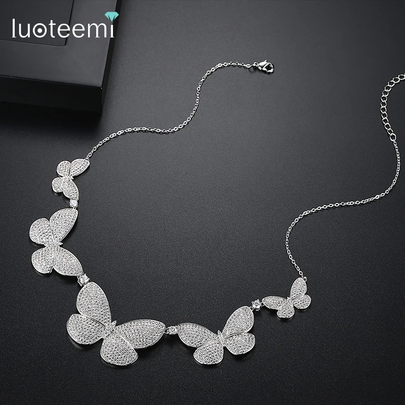 LUOTEEMI Sparking Fully Iced Out Crystal Pave Butterfly Pendant Cubic Zircon Multiple Necklace Fashion Jewelry | Украшения и
