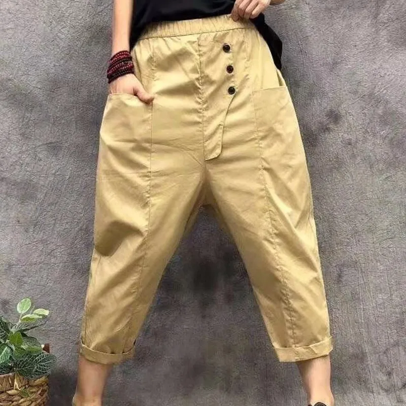 

2021 New Arrival Summer Korean Style Women Loose Casual Elastic Waist Harem Pants Button Design Cotton Ankle-length Pants W49