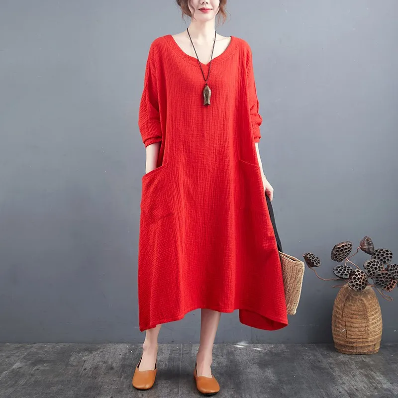 

Maternity Dress For Pregnant Women Cotton Linen Long Sleeve Loose Pockets Clothing Vintage Elegant Casual Summer Pregnancy Wear