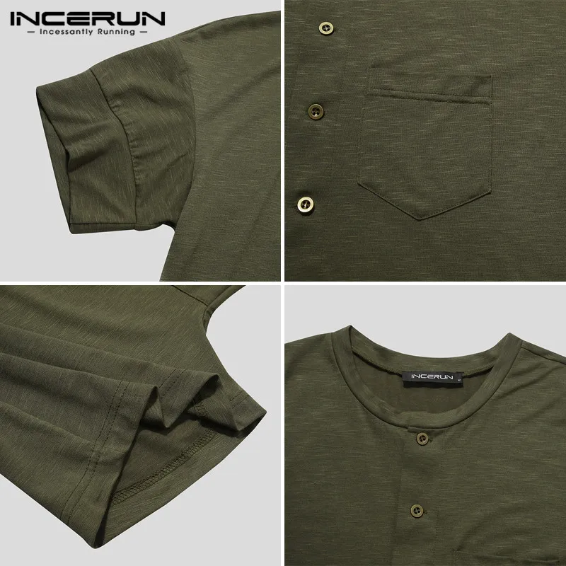 

INCERUN Short Sleeve Round Neck Buttons Onesies Mens Solid Color Romper Pajama Summer Man Fitness Comfy Jumpsuit Homewear S-5XL