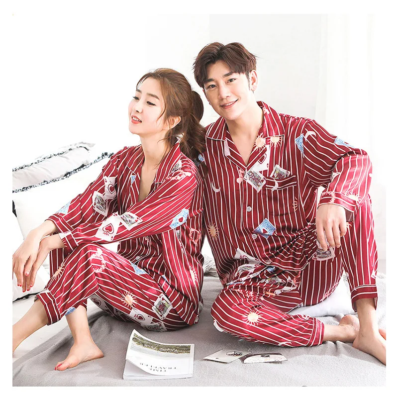 Couples Unisex Silk Sleepwear Soft Payama Sets Nightgown Women Pajama  Long Sleeve Men Lounge Pajamas sleepwear set