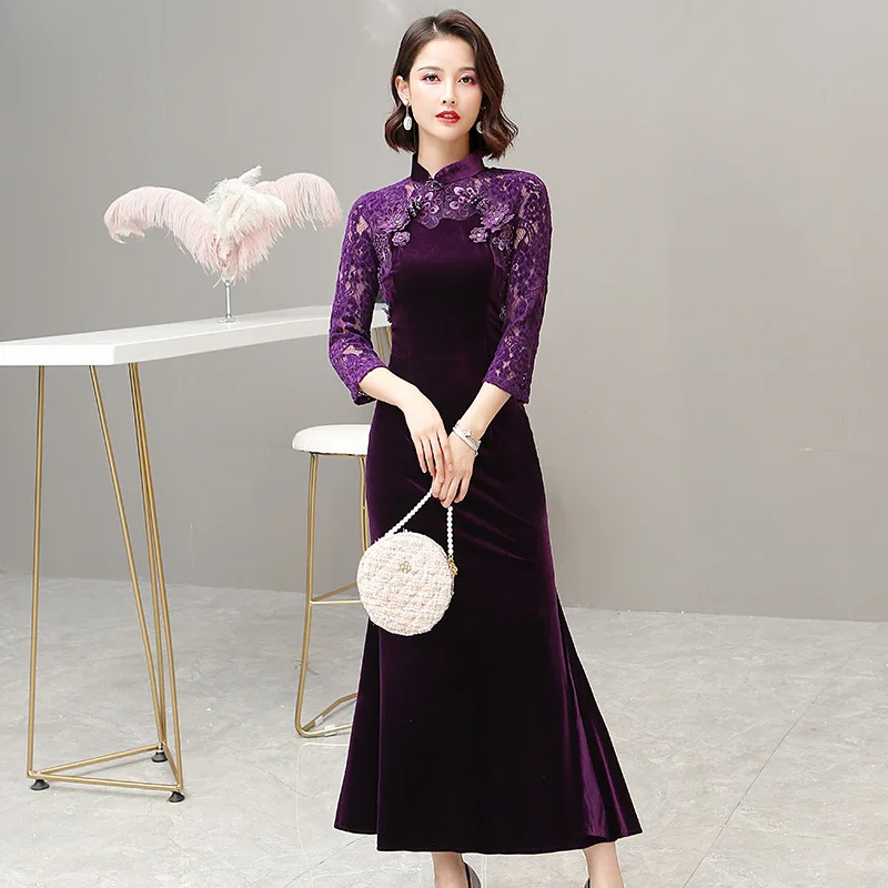

2021 NOTE traditional cheongsam casual dress green qipao qipao dress velvet