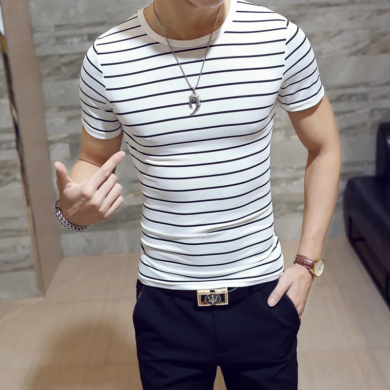 Hot Seller Summer Stripe T-shirt Men's Fashion O-neck Short Sleeve T Shirt Men Clothing Trend Casual Slim Fit Top Tees |