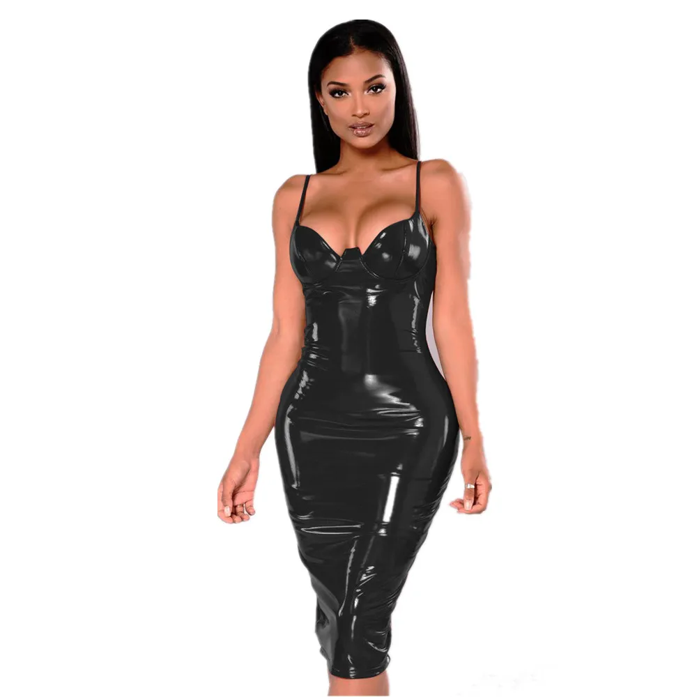 Для женщин красные черные пикантные с мокрым эффектом слинг Тонкий ПВХ платье S