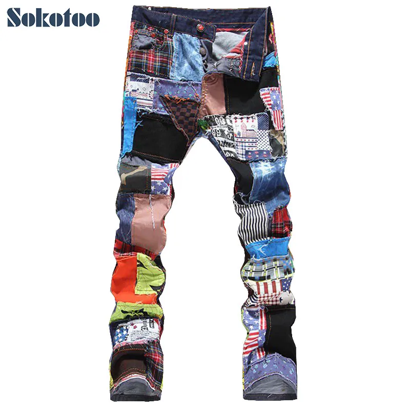 

Кнопки доставка джинсы мужские цветные Sokotoo Бесплатная джинсовые рваные Модные мужские прямые накладные летать узкие брюки, пэчворк, spli