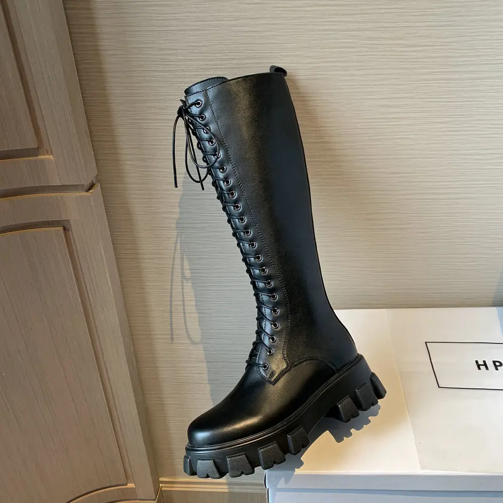 

Black Leather Knee High Boots for Women Platform White Autumn Winter Tall Boots Lace-Up Shoes Zippers