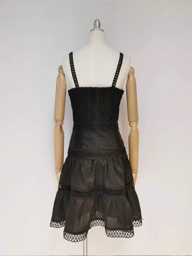 

Sexy Leaky Shoulder Stitching Lace Tube Top Hollow High Waist Sling Dress Ladies Summer New Style Loose Large Puff Puff Skirt