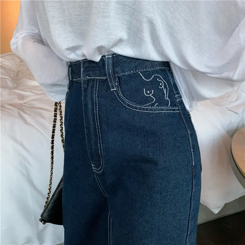 HziriP Hot Straight High Street Plus Size Embroidery 2019 Waist Loose Jeans Full-Length Denim Casual Wide Leg Trousers | Женская одежда