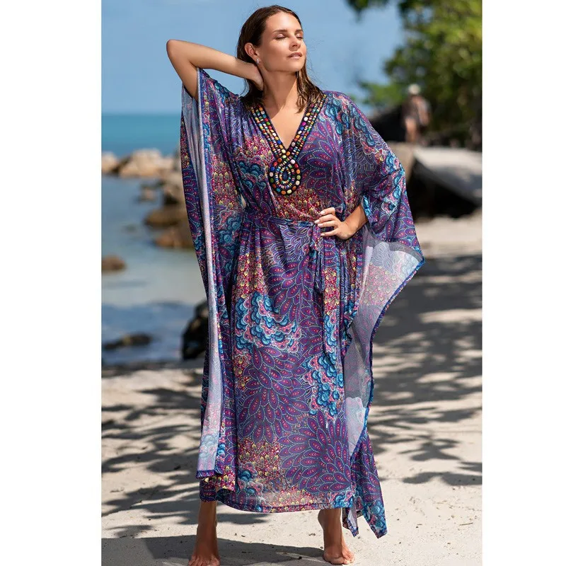 Этническое Фиолетовое Женское Платье оверсайз с принтом павлиньих перьев в