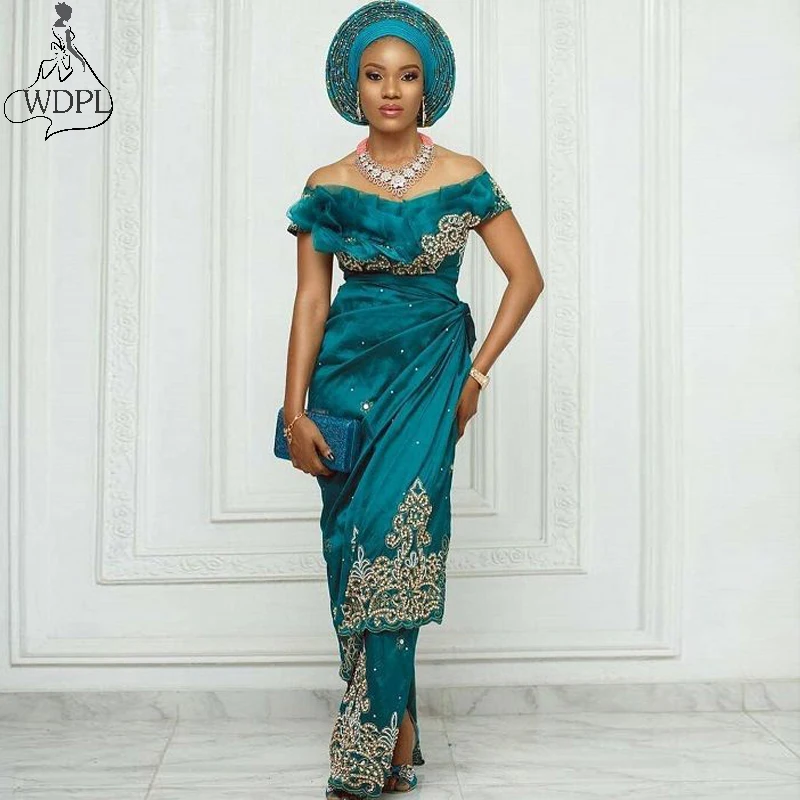 

Aso Ebi Teal Mermaid Evening Dress 2019 Off the Shoulder Ruffles Beaded Mermaid Prom Dresses Nigeria Women Formal Party Gowns