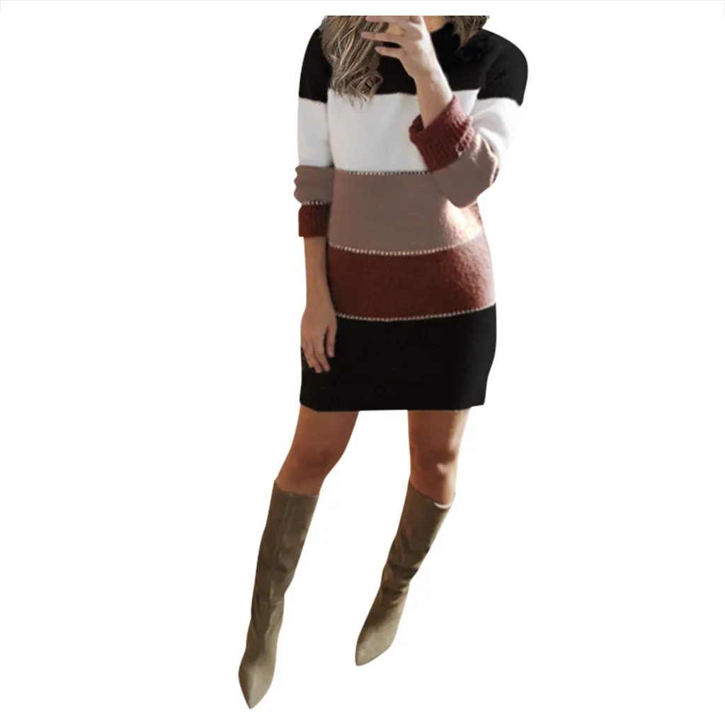 Женское вязаное платье-свитер повседневное вечернее платье-мини с длинными