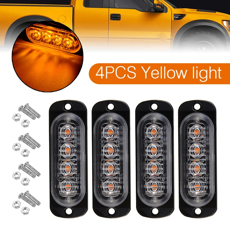 

4pcs 4 LED 12V 12W Amber Yellow Truck Emergency Beacon Warning Light Hazard Flash Strobe Bar Lamp Waterproof IP67 Accessories