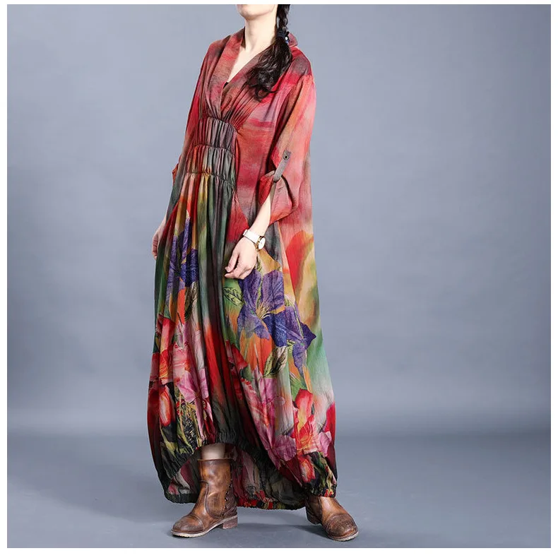 Женское модельное дизайнерское платье макси повседневное Длинное свободное с v