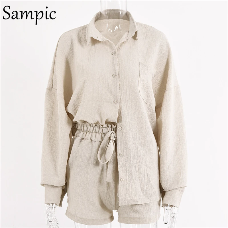 저렴한 Sampic Tracksuit Women 2020 캐주얼 라운지 착용 반바지 세트 긴 소매 블라우스 탑스와 하이 웨이스트 미니 반바지 2 피스 세트