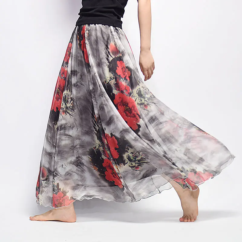 

Женская длинная юбка с цветочным принтом, шифоновая Повседневная пляжная юбка с высокой талией и эластичным поясом в стиле бохо, 19 цветов, н...