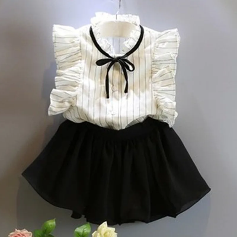

2021 Explosions Children's Wear Summer Girls' Temperament Striped Shirt Flying Sleeve Sweet Cute Skirt Two-Piece Suit