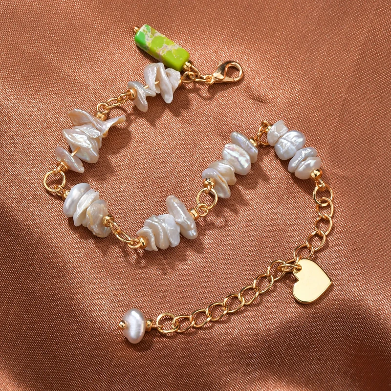 New Women Irregular Natural Freshwater Pearl Charm Baroque Link Chain Bracelets Stone Heart Shaped Pendant Bracelet Gift | Украшения и