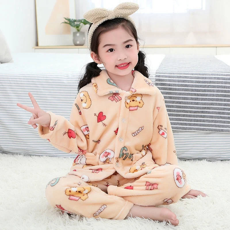 

Autumn Winter Children's Flannel Lapel Cardigan Pajamas Baby Thickened Teen Big Boys Pajamas Christmas Pyjamas for Girls Boy Kid