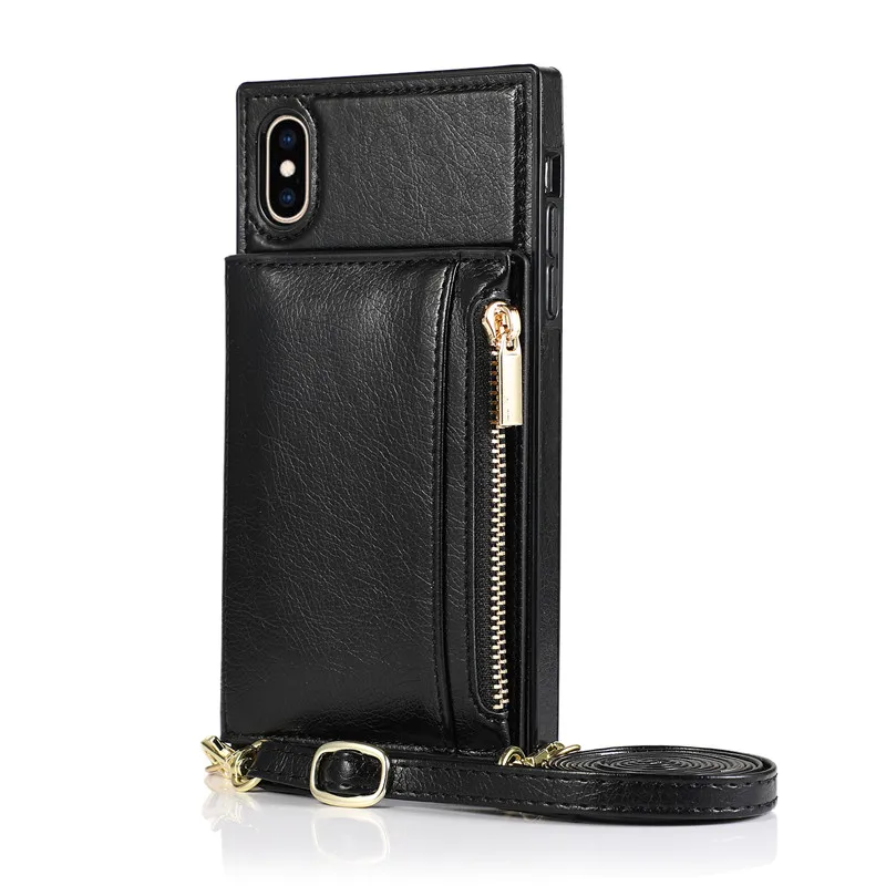 

Back Cover For iPhone XS Max X XR 12 Mini 11 Pro 8 7 6S 6 Plus SE 2021 Card Slots Wallet Flip Leather Shoulder Strap Phone Case