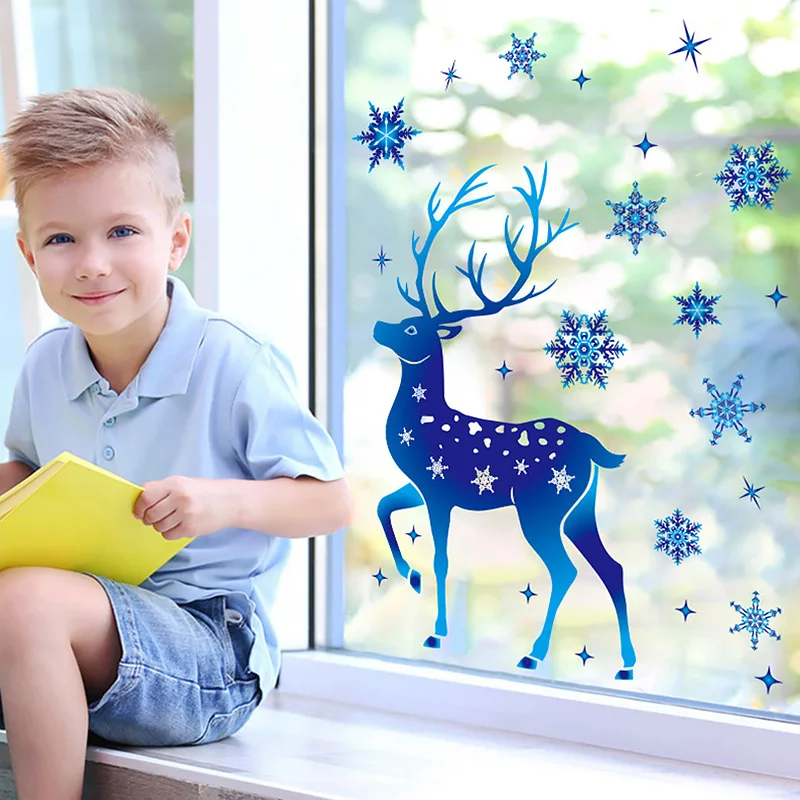 

5 Styles Christmas Blue Snowflake Elk Wall Window Sticker Removable PVC Xmas New Year Festival Party Glass Decorations Film