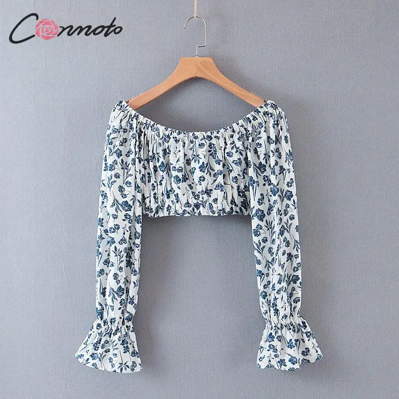 Conmoto/модные синие женские короткие топы с цветочным принтом и блузка 2019 осенне