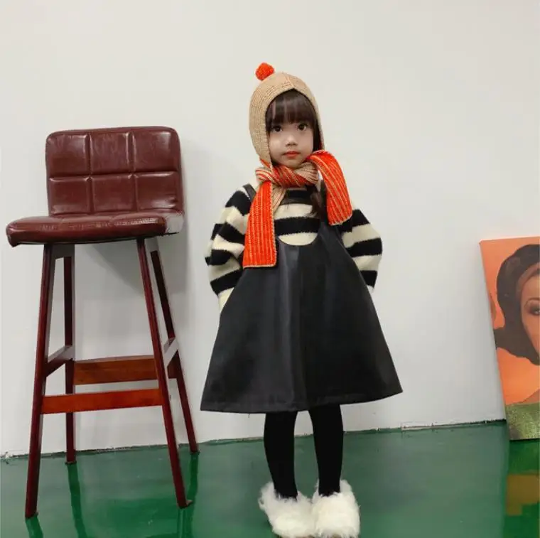 

Hot selling brand Pu leather black skirts for girls baby strap skirts children Overalls kids TuTu clothes baby girl clothes 1340