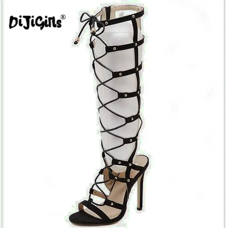 Женские ажурные замшевые сапоги DIJIGIRLS с заклепками на высоком каблуке шпильке