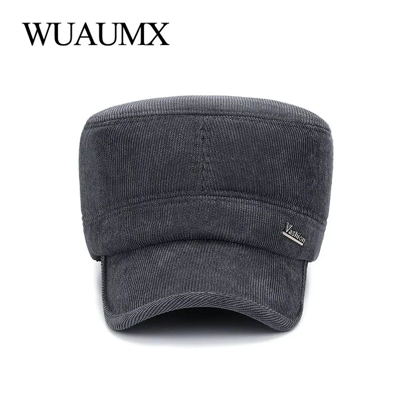 Wuaumx Повседневное осень-зима Кепки Для мужчин Бейсбол Кепкиs хлопок Flat Top Hat Для мужчин заклепки на открытом воздухе ушанке теплые шляпа армии регулируемый, шапка зимняя женская