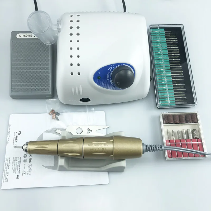 New Arrival 45000rpm GOLD STRONG 210 PRO 105 105L Handpiece 65W Nail Drills Manicure Machine Pedicure Electric File Bits