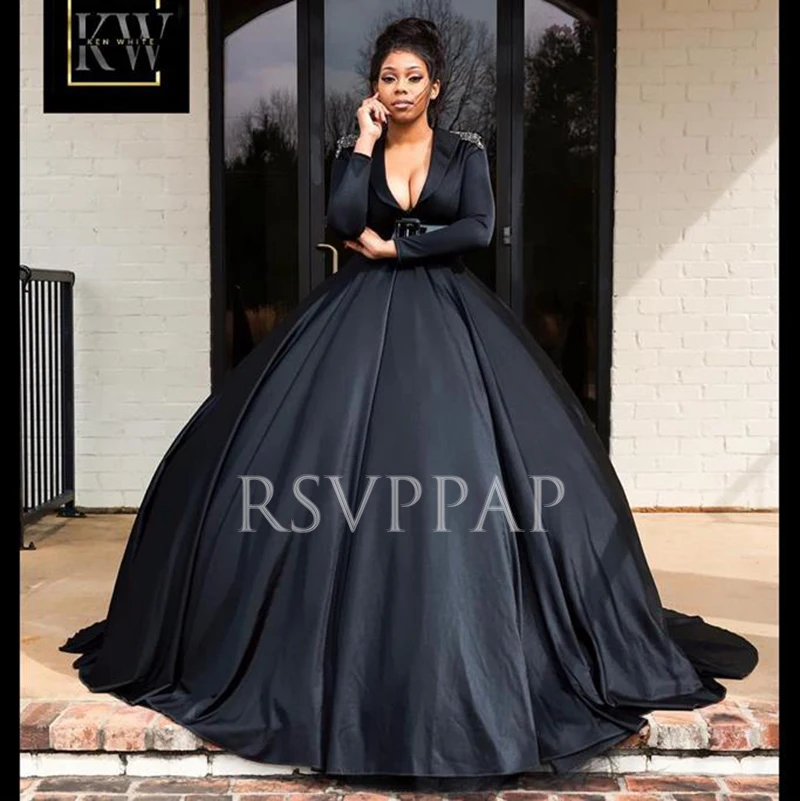 

Женское длинное вечернее платье, черное Пышное Бальное Платье с V-образным вырезом и длинным рукавом, украшенное бусинами, 2022