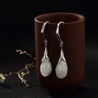 

S925 Pure Silver Embeded Jade Original Retro Style Magnolia Retro Hetian Jade Fashion Female Earrings Qixi Birthday Gift