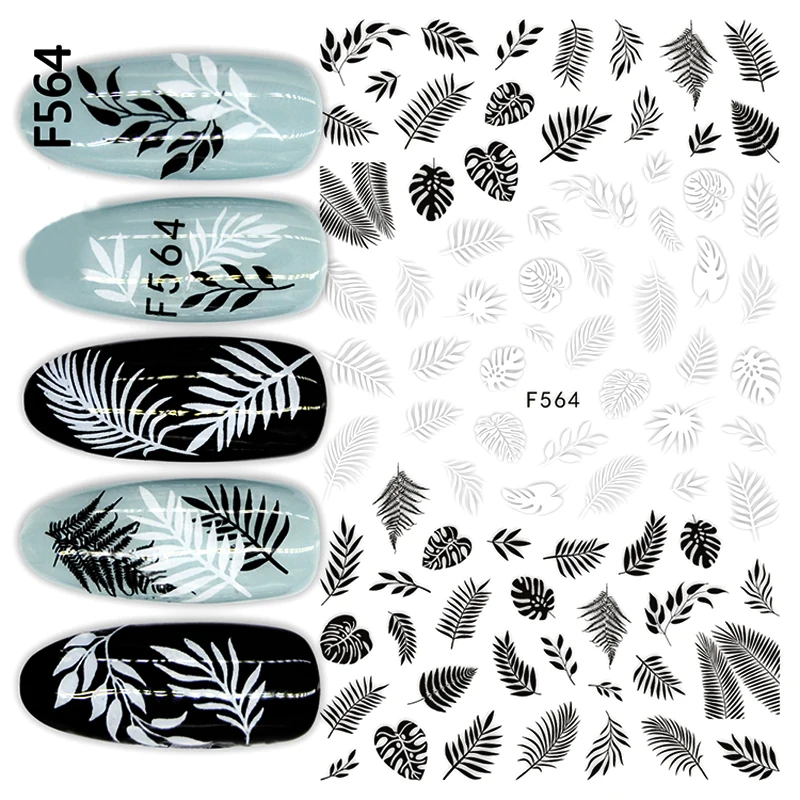 

10PCS Black and White Leaf Nail Sticker Rose Flower Geometric Shape Nail Slider Line Petal Nail Art DIY Tool F569