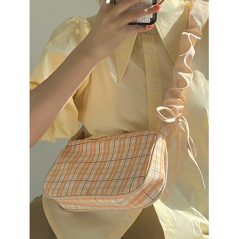 Plaid Fold Drawstring Handbag for Women 2021 New Girls Cute Nylon Small Shoulder Underarm Bag Retro Design Ladies Messenger Bags