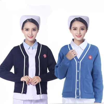 Nurse's sweater cardigan thickened navy blue and white edge Korean version warm knit jacket doctor's emergency outpatient cloths |