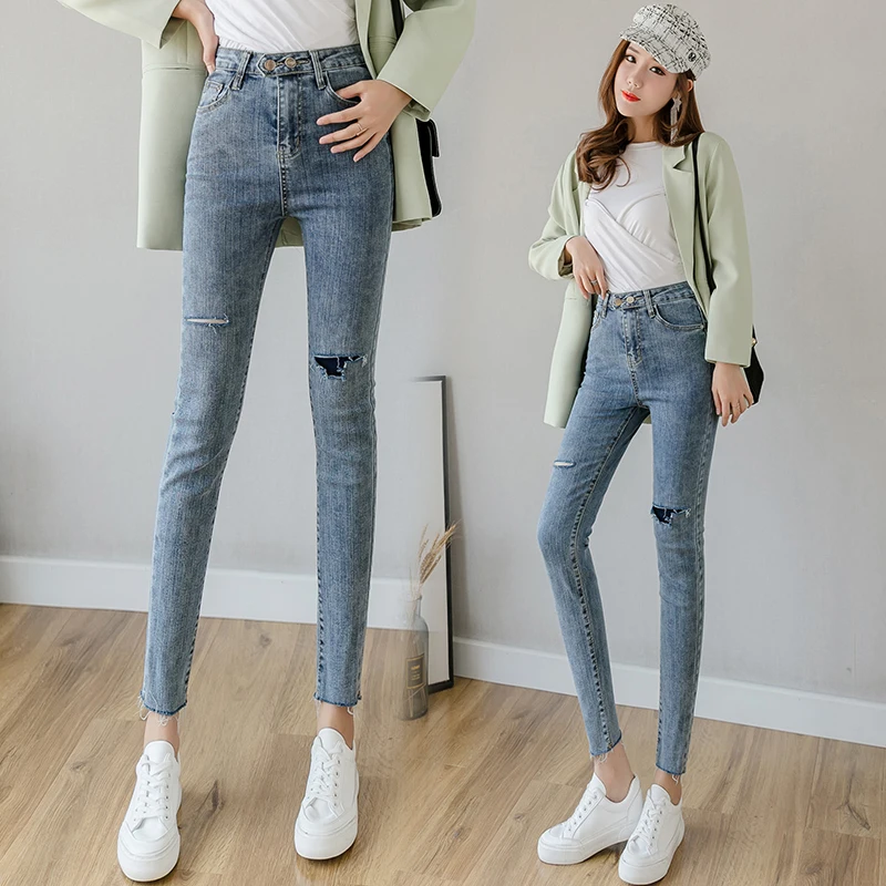 

Hole in han edition tight jeans new female nine points pencil pants fall show thin elastic flash foot trousers 2020