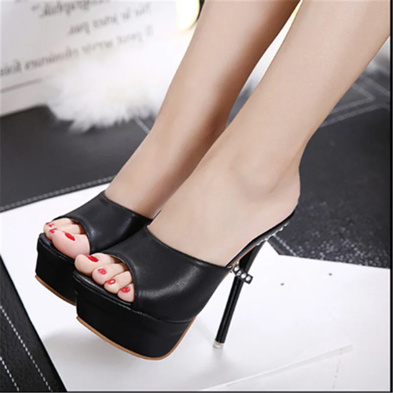 

Women Thin Heel Slippers Ultra High Heels 15CM Nightclub Diamond Sexy Open Toe Sandals Platform Shoes Female Shoes black white