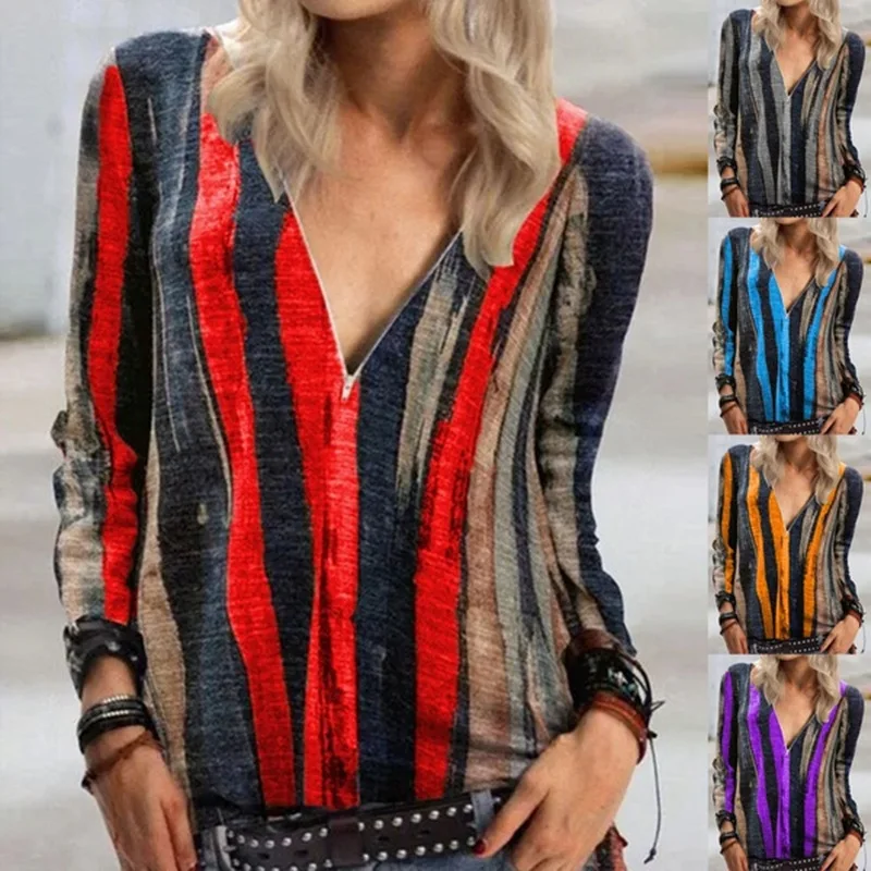 

Donsignet 2021 Womens Clothing Tie Dye Stripe Printing Long Sleeve T-shirt V-neck Zipper Womens Tops