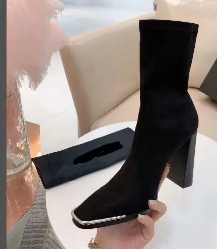 BLACK SUEDE Bonjean/черные женские ботинки из лакированной кожи на толстом каблуке ботильоны из эластичной ткани с квадратным носком пикантные полусапожки - Цвет: BLACK SUEDE