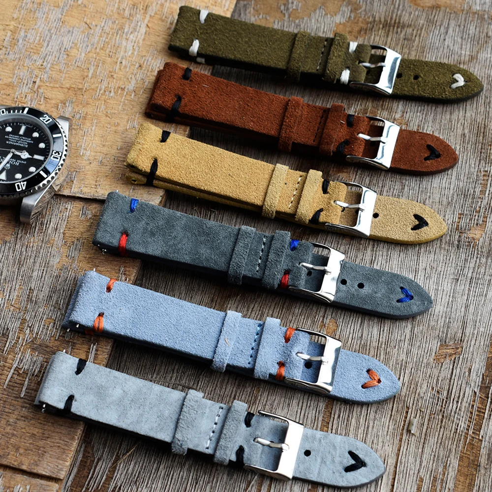 

High Quality Suede Leather Vintage Watch Straps Blue Watchbands Replacement Strap for Watch Accessories 18mm 20mm 22mm 24mm