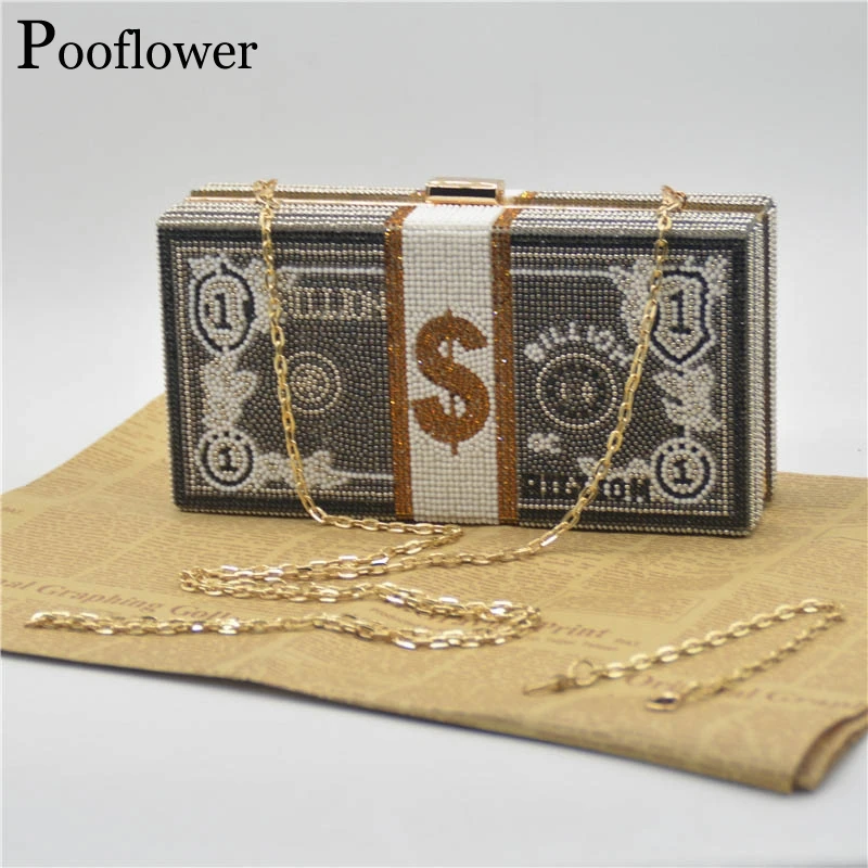 Pooflower Свадебная сумка для женщин стек денег бриллианты цепи вечерние сумки