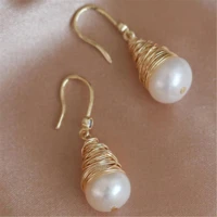 13 15mm white baroque pearl earrings gold ear drop dangle hook cultured accessories earbob aurora real