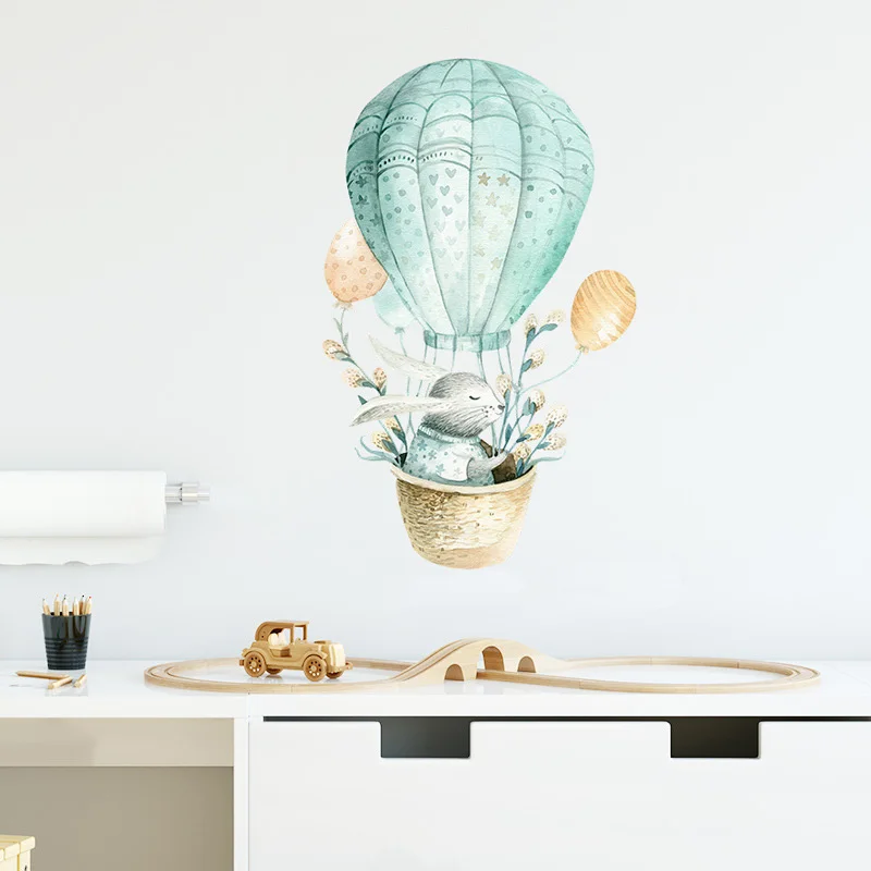 Cartoon Bunny Hot Air Balloon Wall Sticker kids child room home decoration wallpaper Cute animals bedroom mural nursery stickers | Дом и сад