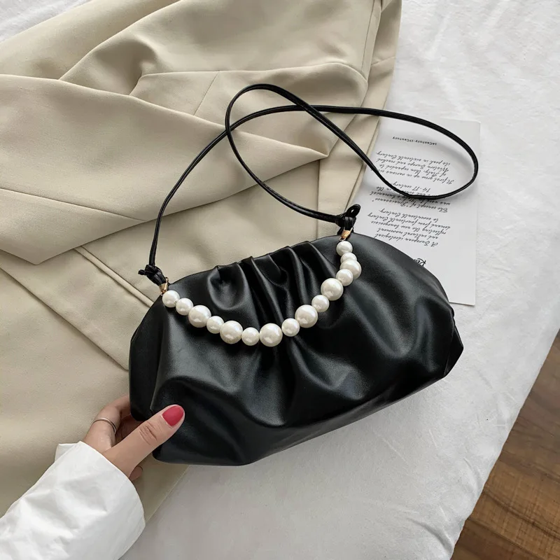 

Solid Color Pearl Pleated Shoulder Bags Armpit Bag 2021 Fashion High-quality Tote Bag Soft Leather Women's Designer Handbag Sac